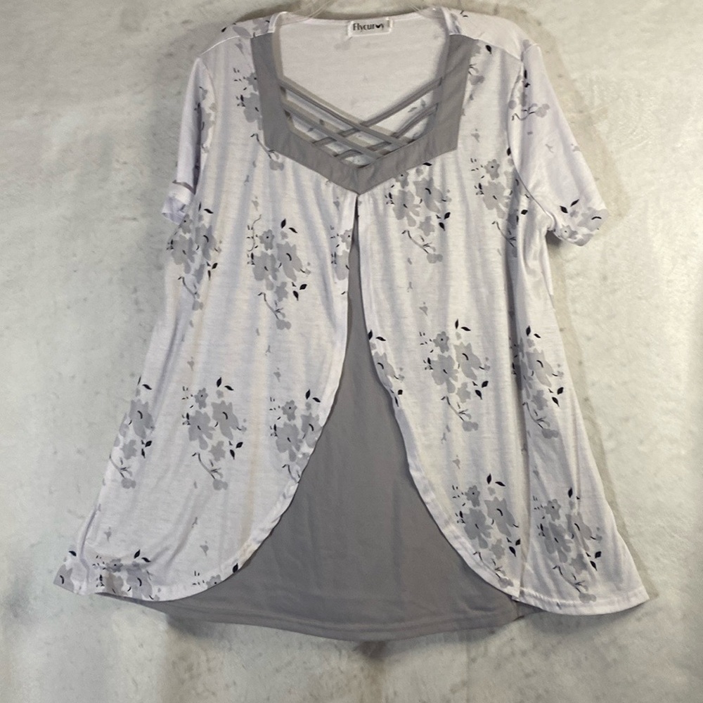 Flycurvy White Gray And Black Layered Twofer Plus Size 2XL Top Blouse